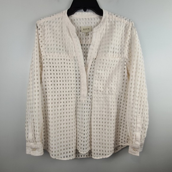 Koch Tops - KOCH Erica Top Womens Small Cream Grid Eyelet Sheer Cotton Blend V-Neck Blouse